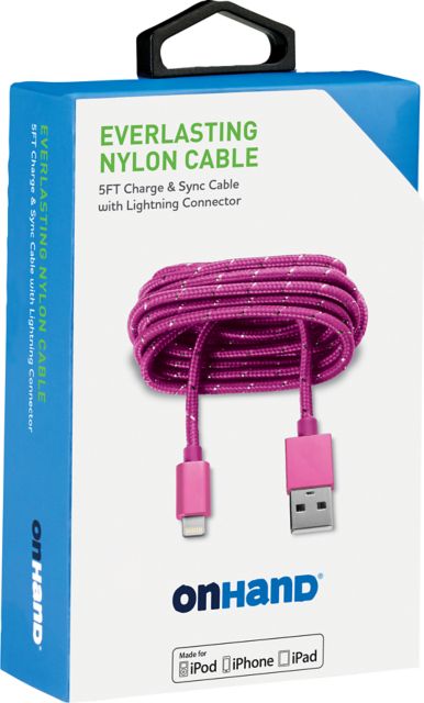 OnHand Everlasting Nylon Sync & Charge Cable 5ft, Pink - ONLINE ONLY